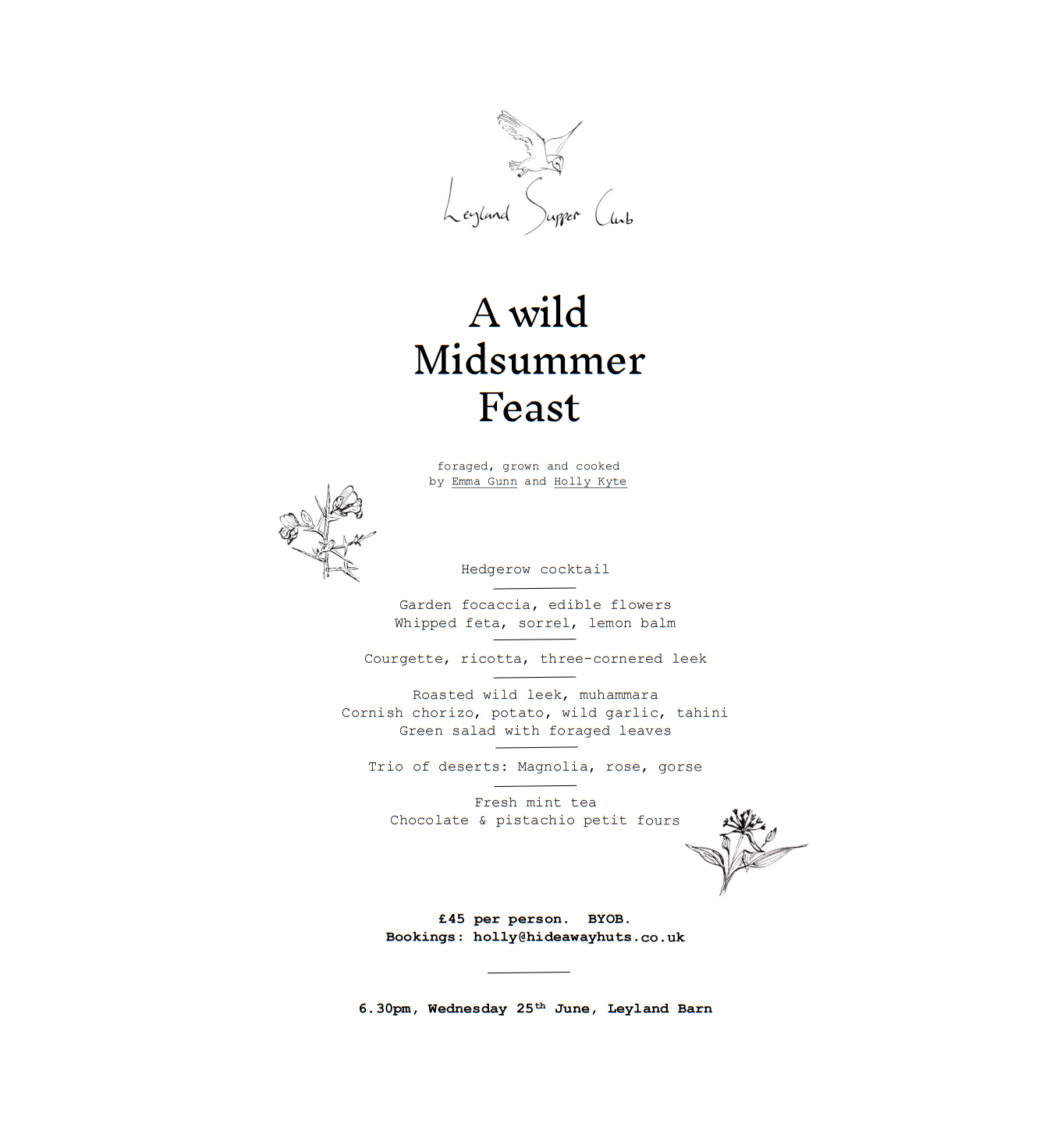 Menu - midsummer feast in Cornwall