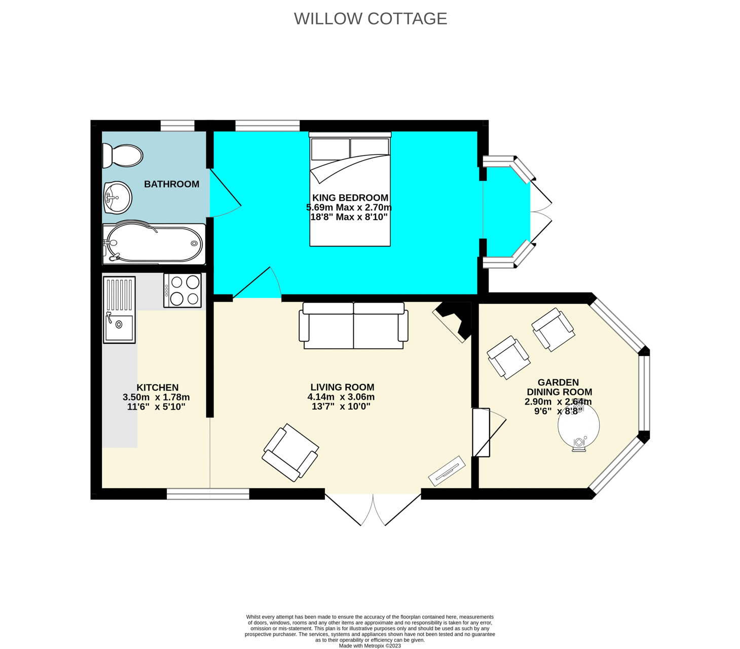 Floor Plan for Willow Cottage sleeps 2 in Cornwall near Looe 
